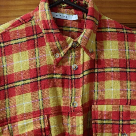 MNML Bright Orange Yellow Cropped Button Down Flannel Shirt Medium Vintage - Picture 6 of 8